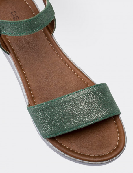 Hakiki Deri Yeşil Simli Kadın Sandalet