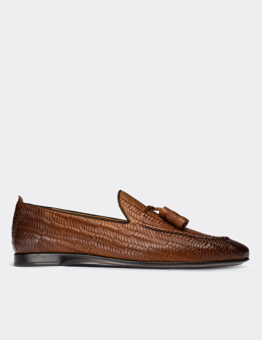 Hakiki Deri Taba Rengi Örgü Erkek Loafer - 01701MTBAC02