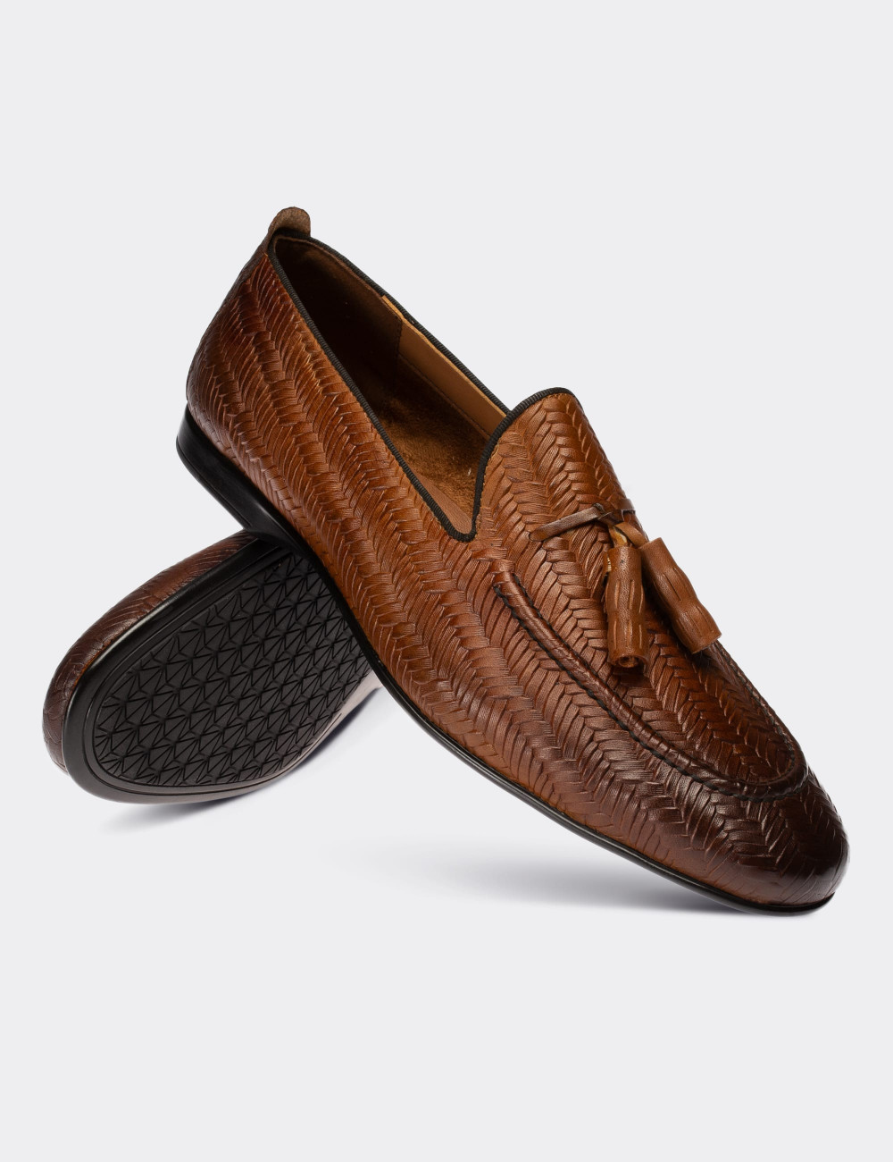 Hakiki Deri Taba Rengi Örgü Erkek Loafer - 01701MTBAC02