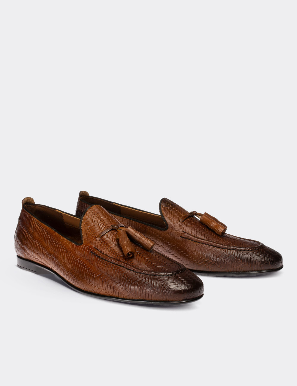 Hakiki Deri Taba Rengi Örgü Erkek Loafer - 01701MTBAC02