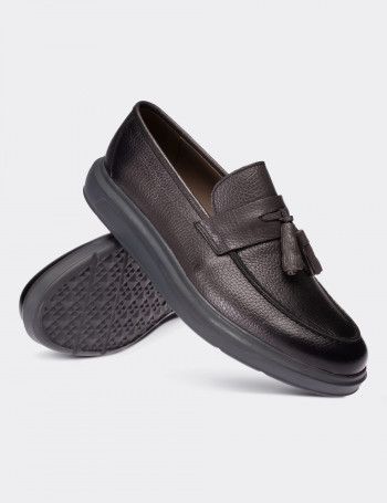 Hakiki Deri Gri Püsküllü Comfort Erkek Loafer - 01587MGRIP04