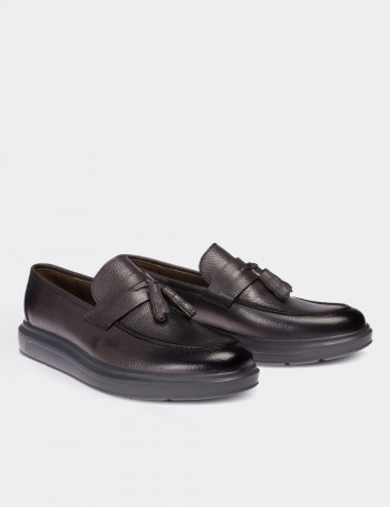 Hakiki Deri Gri Püsküllü Comfort Erkek Loafer - 01587MGRIP04