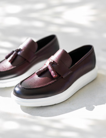 Hakiki Deri Bordo Püsküllü Erkek Loafer - 01587MBRDP02