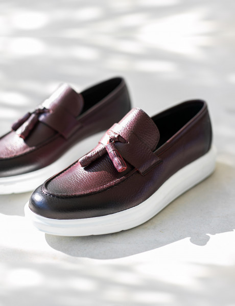 Hakiki Deri Bordo Püsküllü Erkek Loafer