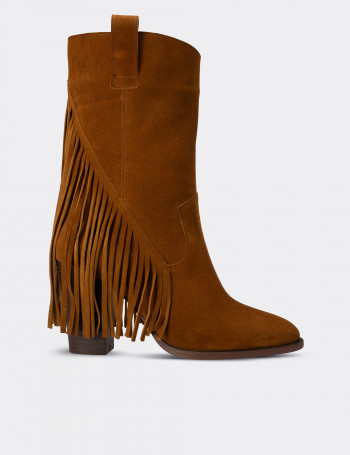 Hakiki Süet Taba Rengi Western Püsküllü Kadın Bot - E4467ZTBAC01