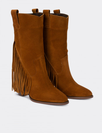 Hakiki Süet Taba Rengi Western Püsküllü Kadın Bot - E4467ZTBAC01