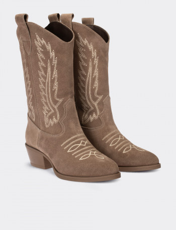 Hakiki Süet Vizon Rengi Western Kadın Çizme - E8002ZVZNC01