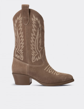 Hakiki Süet Vizon Rengi Western Kadın Çizme - E8002ZVZNC01
