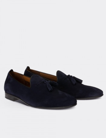 Hakiki Süet Lacivert Püsküllü Loafer - 01702MLCVC03