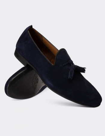Hakiki Süet Lacivert Püsküllü Loafer - 01702MLCVC03
