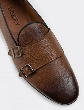 Hakiki Deri Taba Rengi Çift Tokalı Erkek Loafer - 01705MTBAC03