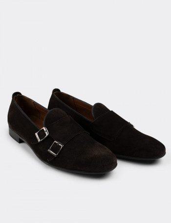 Hakiki Süet Kahverengi Çift Tokalı Erkek Loafer - 01705MKHVC04