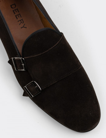 Hakiki Süet Kahverengi Çift Tokalı Erkek Loafer - 01705MKHVC04