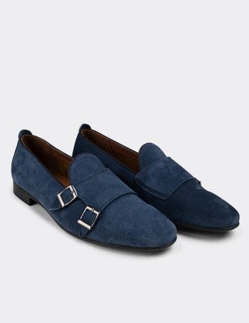 Hakiki Süet Mavi Çift Tokalı Erkek Loafer - 01705MMVIC01