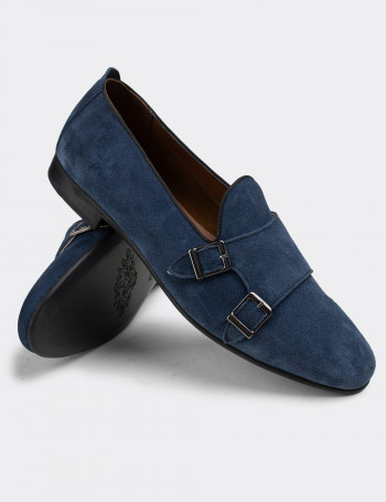 Hakiki Süet Mavi Çift Tokalı Erkek Loafer - 01705MMVIC01