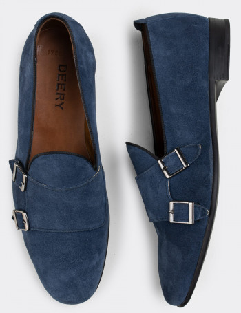 Hakiki Süet Mavi Çift Tokalı Erkek Loafer - 01705MMVIC01