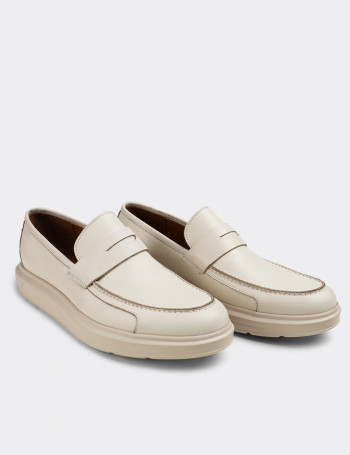 Hakiki Deri Bej Rengi Comfort Erkek Loafer - 01564MBEJP01