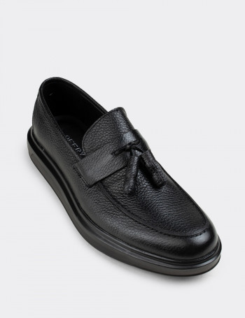 Hakiki Deri Püsküllü Siyah Comfort Erkek Loafer - 01587MSYHP04