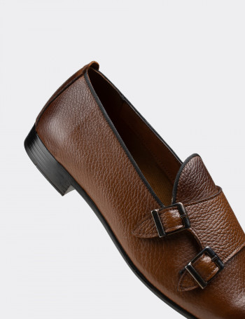 Hakiki Deri Taba Rengi Çift Tokalı Erkek Loafer - 01705MTBAC03