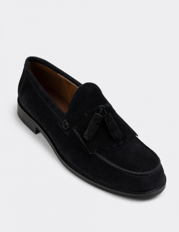 Hakiki Süet Siyah Püsküllü Erkek Loafer - 01735MSYHM02
