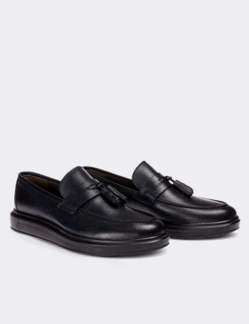 Hakiki Deri Lacivert Püsküllü Erkek Loafer - 01587MLCVP05