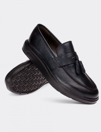 Hakiki Deri Lacivert Püsküllü Erkek Loafer - 01587MLCVP05