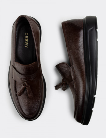 Hakiki Deri Kahverengi Püsküllü Comfort Loafer - 01587MKHVP02