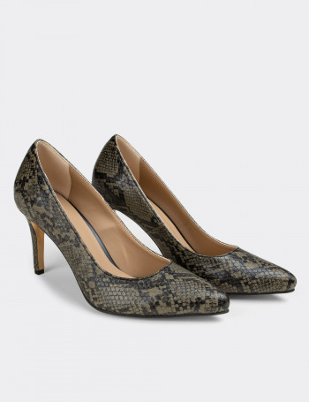 Yeşil Yılan Desenli Kadın Stiletto - 02029ZYSLM03