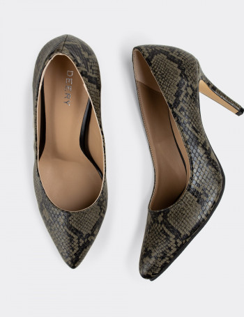 Yeşil Yılan Desenli Kadın Stiletto - 02029ZYSLM03