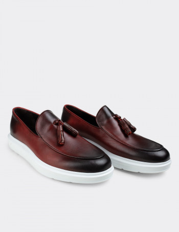 Hakiki Deri Bordo Püsküllü Erkek Loafer - 01840MBRDP01