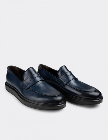 Hakiki Deri Mavi Loafer Erkek Ayakkabı - 01839MMVIP01