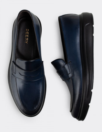 Hakiki Deri Mavi Loafer Erkek Ayakkabı - 01839MMVIP01
