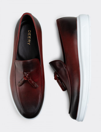 Hakiki Deri Bordo Püsküllü Erkek Loafer - 01840MBRDP01