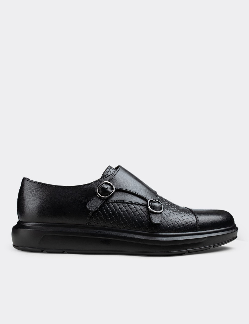 Hakiki Deri Siyah Çift Tokalı Comfort Günlük Erkek Ayakkabı - 01838MSYHP02