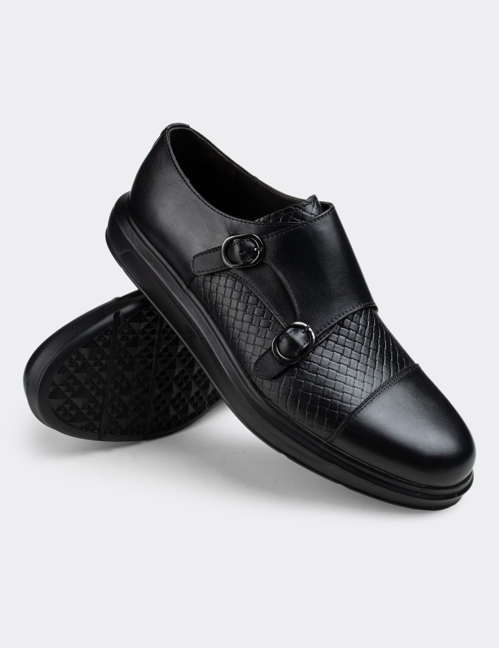 Hakiki Deri Siyah Çift Tokalı Comfort Günlük Erkek Ayakkabı - 01838MSYHP02
