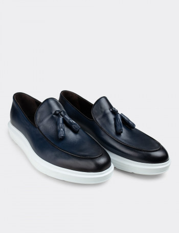 Hakiki Deri Mavi Püsküllü Comfort Erkek Loafer - 01840MMVIP01