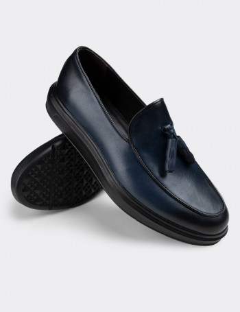 Hakiki Deri Mavi Püsküllü Comfort Erkek Loafer - 01840MMVIP02