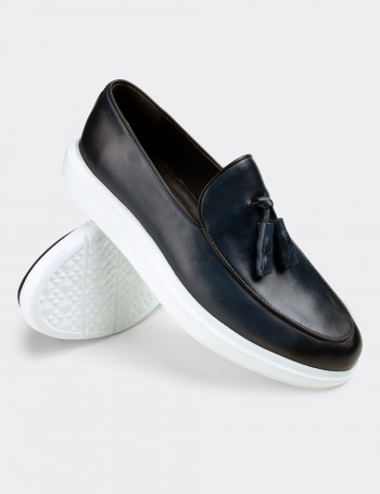 Hakiki Deri Mavi Püsküllü Comfort Erkek Loafer - 01840MMVIP01