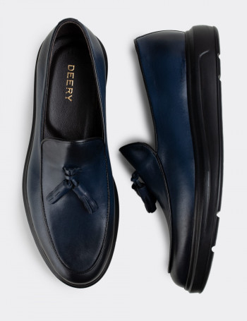 Hakiki Deri Mavi Püsküllü Comfort Erkek Loafer - 01840MMVIP02