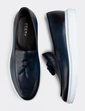Hakiki Deri Mavi Püsküllü Comfort Erkek Loafer - 01840MMVIP01