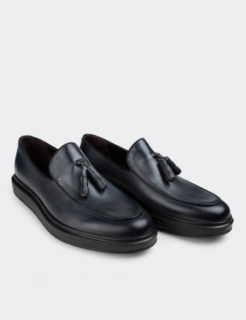 Hakiki Deri Gri Püsküllü Erkek Loafer - 01840MGRIP01