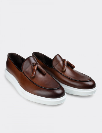 Hakiki Deri Taba Rengi Püsküllü Erkek Loafer - 01840MTBAP01