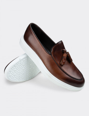 Hakiki Deri Taba Rengi Püsküllü Erkek Loafer - 01840MTBAP01