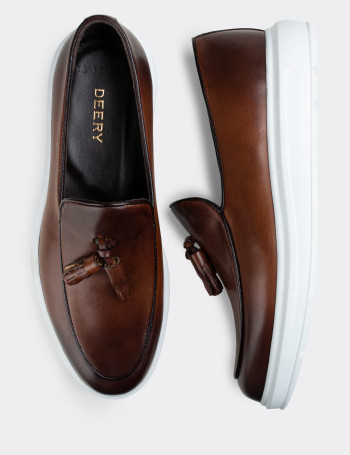 Hakiki Deri Taba Rengi Püsküllü Erkek Loafer - 01840MTBAP01