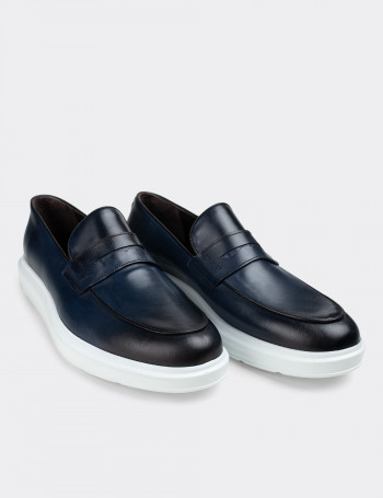 Hakiki Deri Mavi Loafer Erkek Ayakkabı - 01839MMVIP02