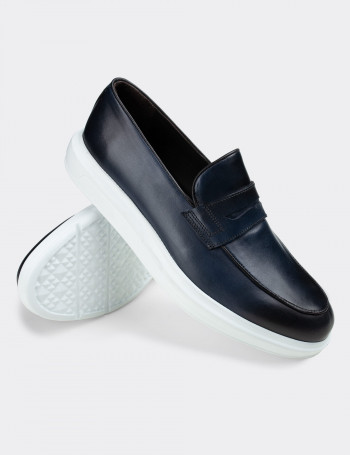 Hakiki Deri Mavi Loafer Erkek Ayakkabı - 01839MMVIP02