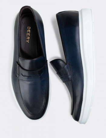 Hakiki Deri Mavi Loafer Erkek Ayakkabı - 01839MMVIP02