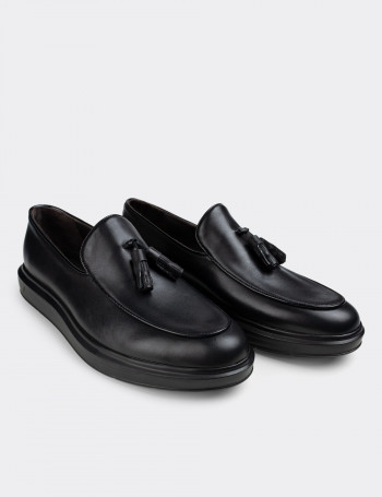 Hakiki Deri Siyah Püsküllü Comfort Erkek Loafer - 01840MSYHP01
