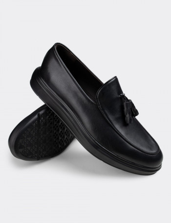Hakiki Deri Siyah Püsküllü Comfort Erkek Loafer - 01840MSYHP01