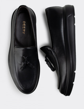Hakiki Deri Siyah Püsküllü Comfort Erkek Loafer - 01840MSYHP01